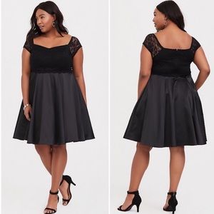 Torrid black lace satin off the shoulder dress